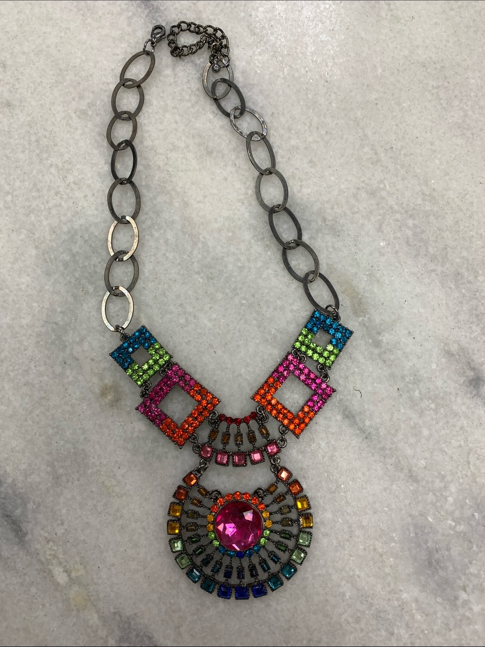 Multicolor Statement Crystal Bib Necklace - Pink Center
